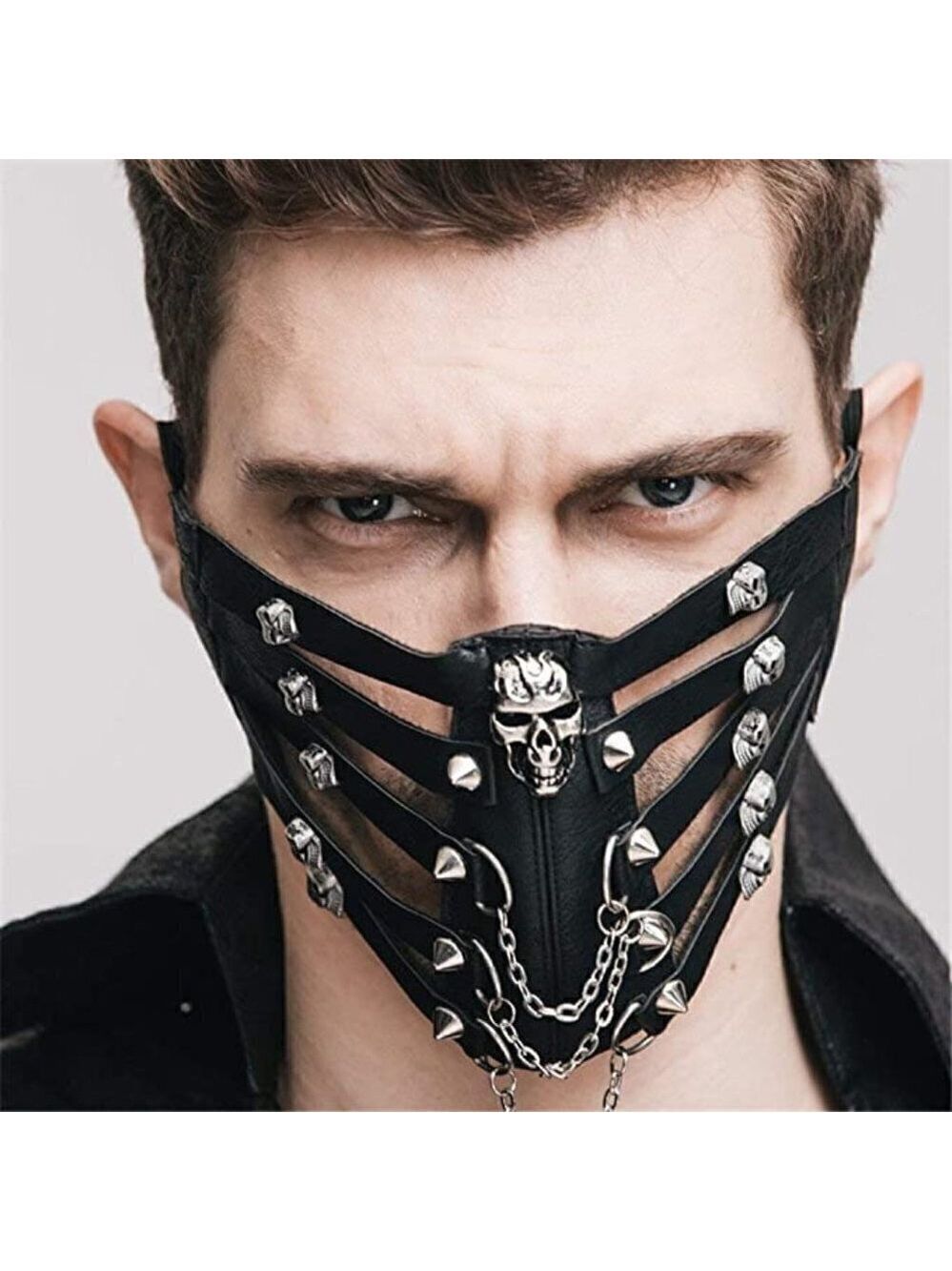BLACK leather skull chain stud face mask slave bondage BDSM costume cosplay NWT